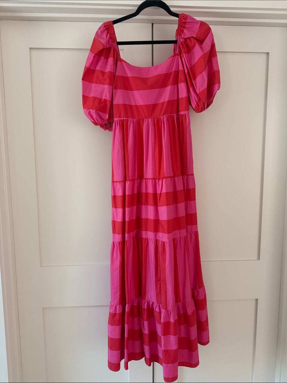 Women's Pink & Red Stripe Tiered Puff-Sleeve Dress